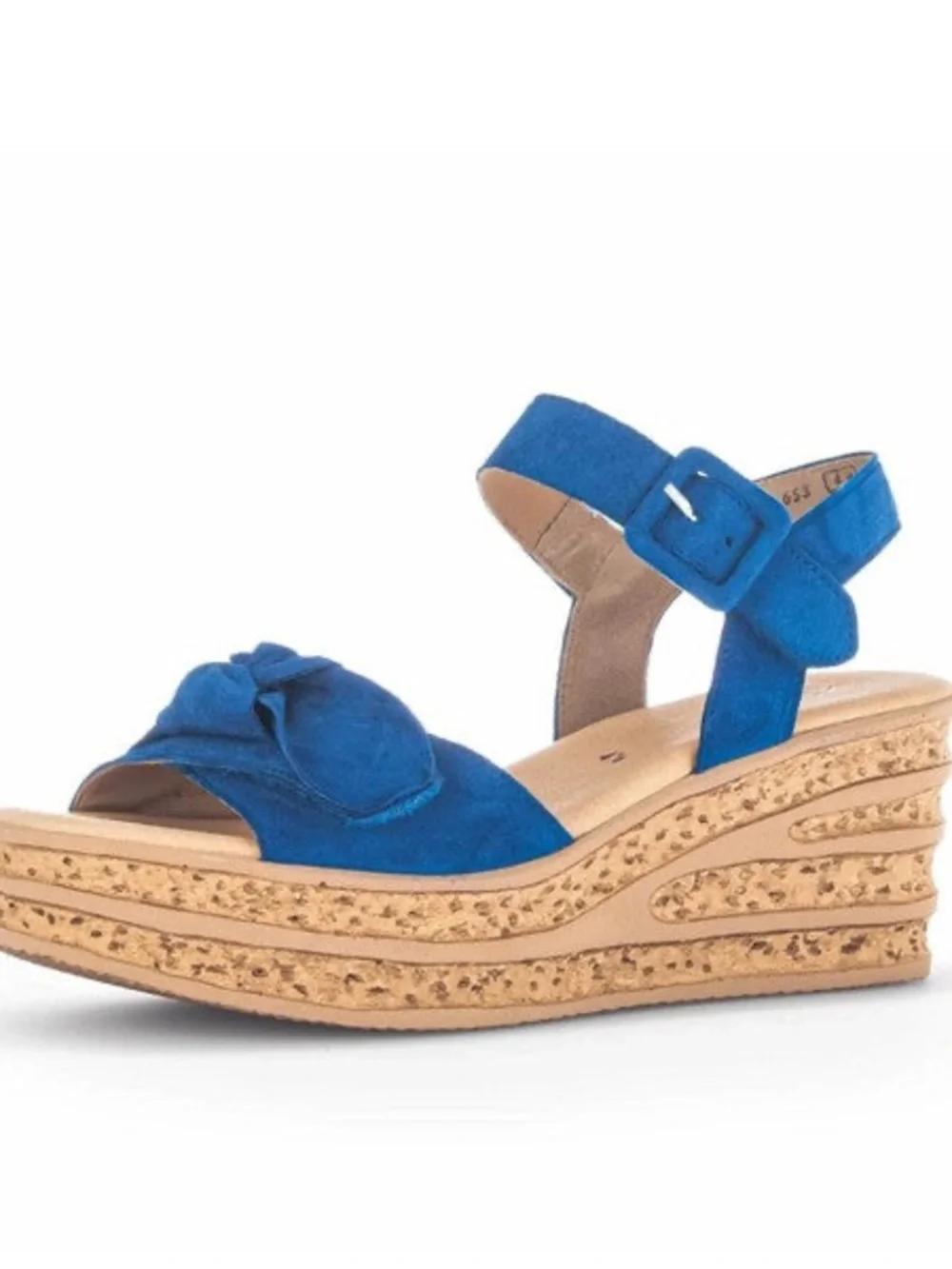 Gabor Blue Sapphire Sand Wedge Sandals with Blue Suede Knot Detail.  5 1/2/US 8.